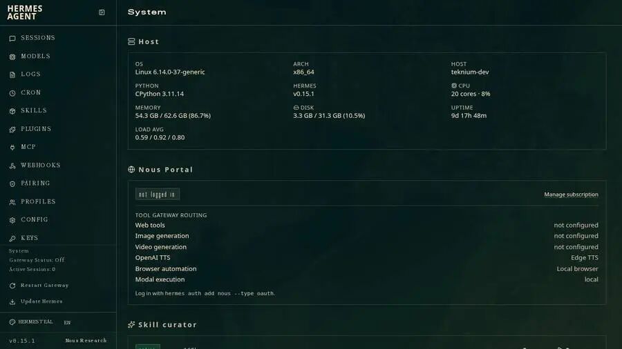 图 3 · Hermes Agent Dashboard(System)—— Gateway、会话、MCP、Skills、Cron 同屏可管