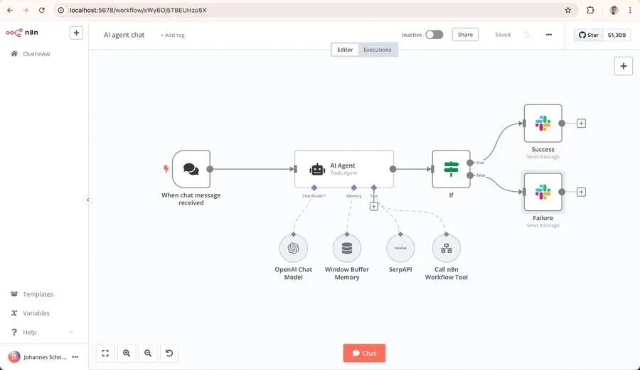 图 5 · n8n AI Agent 工作流画布——Chat 触发、Tools Agent、记忆与 Slack 分支投递